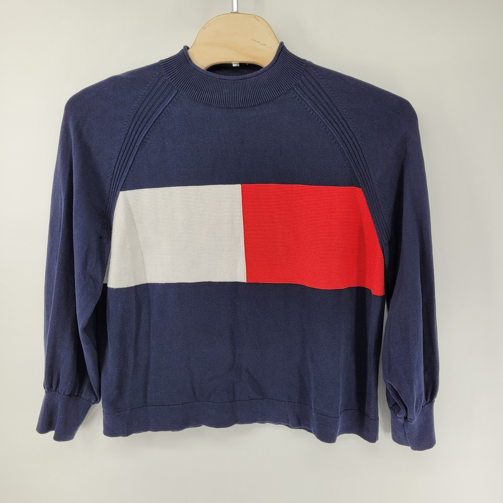 Tommy Hilfiger Sweater Womens XXL Navy Blue Flag Logo Crewneck 76J1821 Cotton
